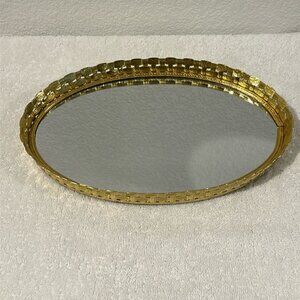 Vintage Mirror Vanity Tray Gold Oval 12”